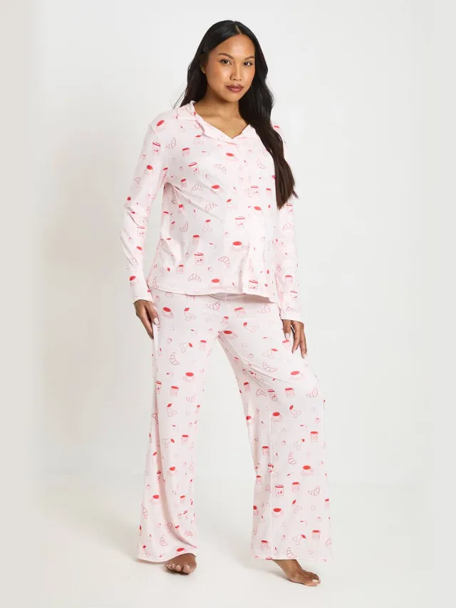 boohoo Dames Zwangerschaps Croissant En Jam Pyjama Set Met Lange Mouwen En Broek Roze
