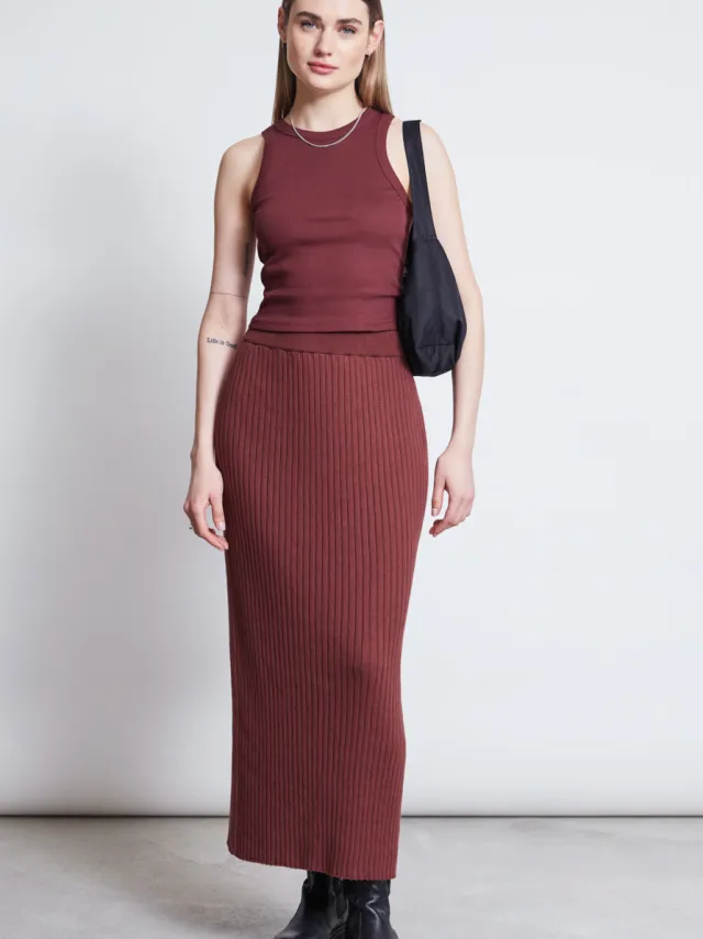 JAN N JUNE dames vegan Midi Gebreide Rok Ebba Intens Roest Rood