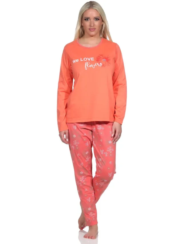 Normann Speelse lange damespyjama, pyjama met bloemenpatroon apricot