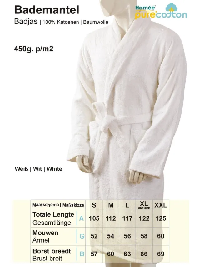 Homéé® Homéé Hotel Badjas Unisex badstof 100% katoen 400g. p/m2 - Wit - One Wit (Optisch gebleekt)