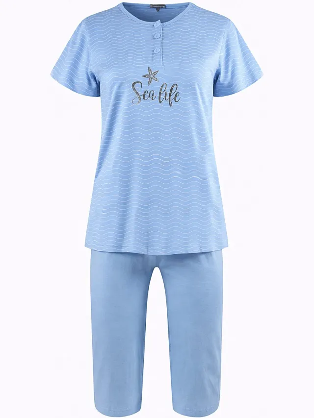Cocodream Quality Dames Pyjama - Katoen - Zomer - 3/4 broek - Lichtblauw Gestreept Lichtblauw, gestreept