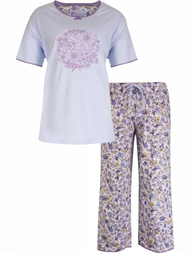Tenderness Dames Shortama - Bloemen Print - Licht Blauw