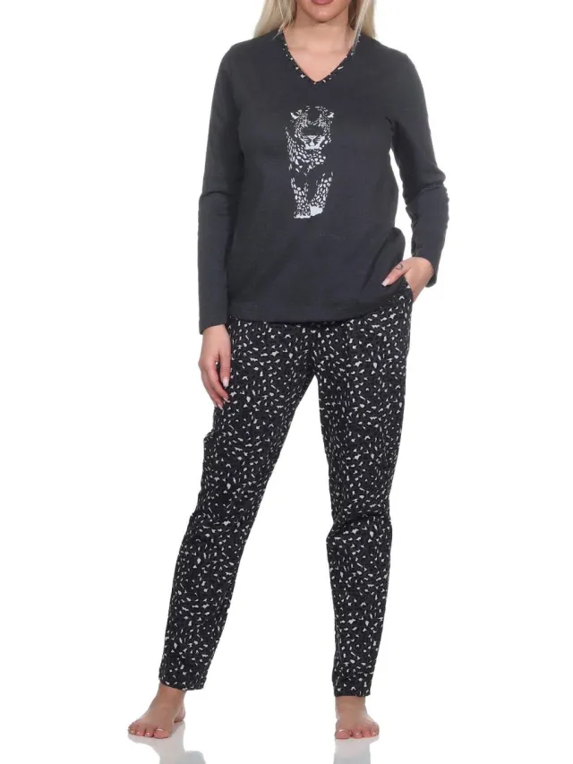 Normann dames pyjama met lange mouwen en dierenprint, broek met dierenprint anthrazit-mel.