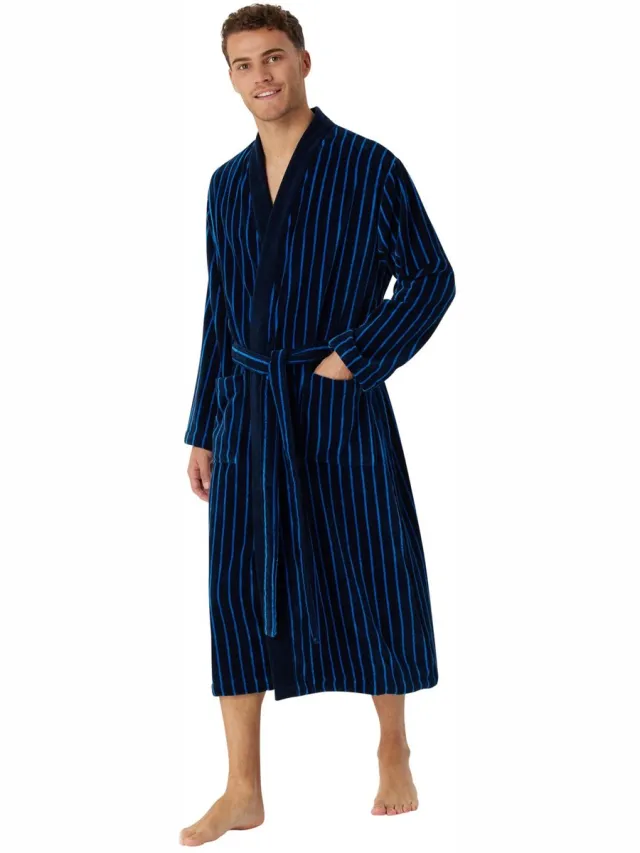 Schiesser Essentials badjas - heren badjas softvelours donkerblauw gestreept