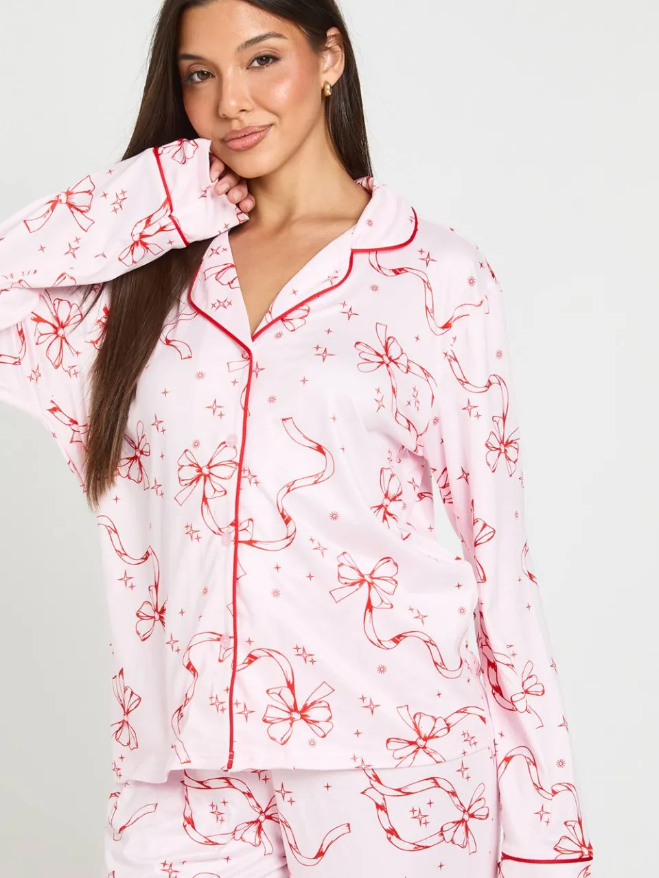 boohoo Dames Pyjamaset Met Strikjesprint En Biesdetail - Lange Mouwen & Broek baby roze, foto 4