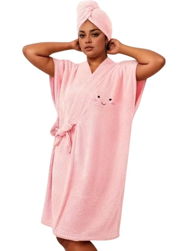 rimmo Badjas Dames 2-delige Set – Spa Badjas met Haarhanddoek en Verstelbare V-hals – Sauna en Wellness Badjas voor Thuis - Roze