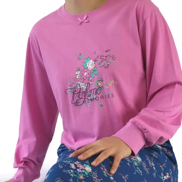 Tenderness Dames Pyjama - Roze top - Blauw gebloemde broek