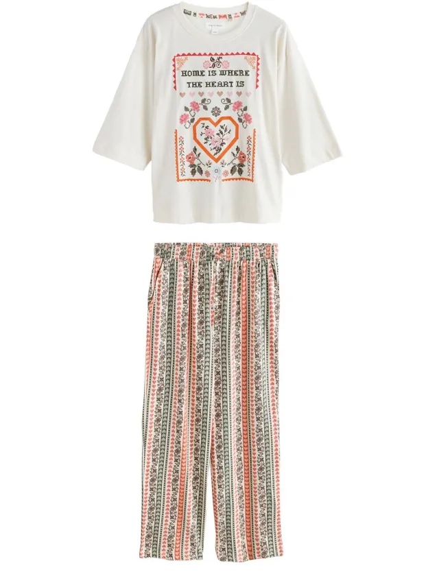 Next Dames - Pyjama met korte mouwen - Tall - Crème Oatmeal Cross Stitch