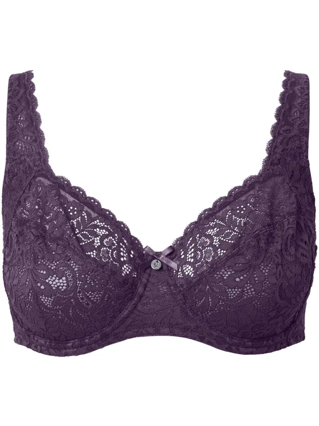 Ulla Popken Dames - Beugelbeha gebloemd kant zuiver kant - Aubergine