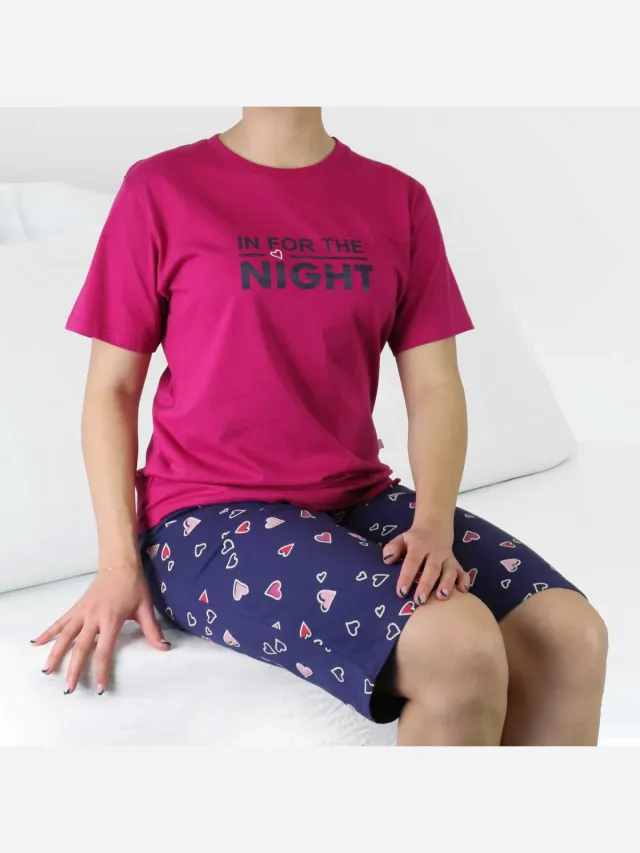 Irresistible Dames Pyjama - 3/4 Broek - Hartjes - Fuchsia Roze