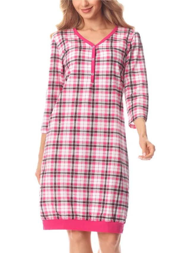 Merry Style Dames Nachtjapon - Kort - Elastisch – Katoen – Roze/geruit – S - MS-MS10-467-ND