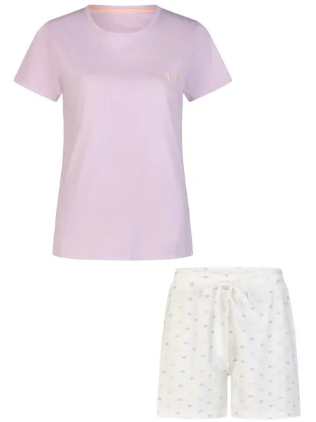 By Louise Dames shortama korte pyjama set geprint paars/wit gestipt, foto 2