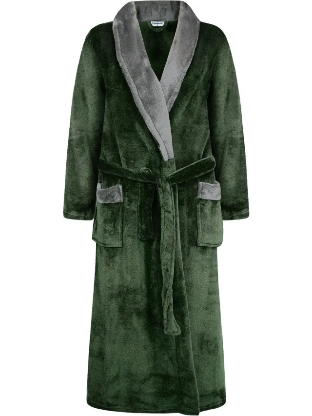 GAUBERT Heren Badjas Extra Lang met Sjaalkraag en Ceintuur - Ochtendjas - Superzacht Coral Fleece - Unisex Pasvorm Heren Dames - Olijfgroen met Grijze Kraag - 8218-Green Heren, Sjaalkraag, Olijfgroen met Grijs