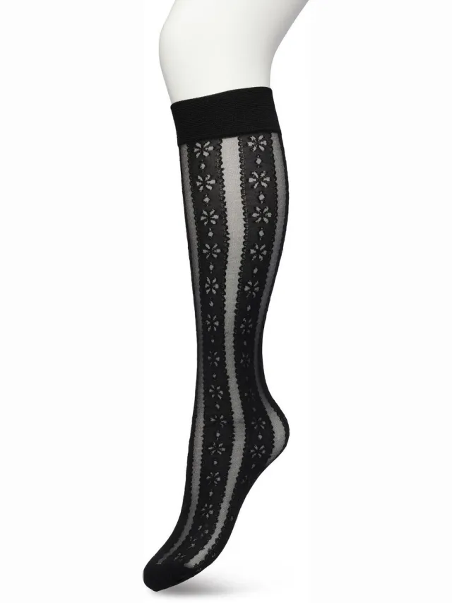 Bonnie Doon Dames Bloemen Panty Kniekousen Zwart - Knie Kousen 50 denier - Gebloemd - Bloemen Print - Uitstekend draagcomfort - Flower Stripe Knee High - Kniesokken - Zakt niet af - OEKO-TEX - Black - BP221804.101