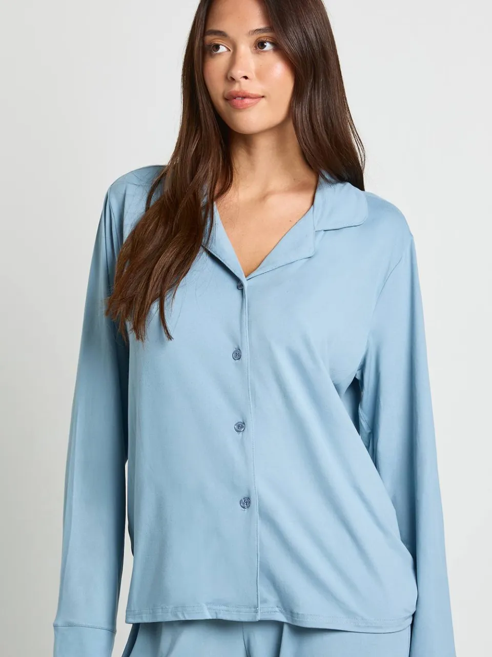boohoo Dames Zachte Touch Button-Through Overhemd en Broek Pyjamaset stoffig blauw, foto 4