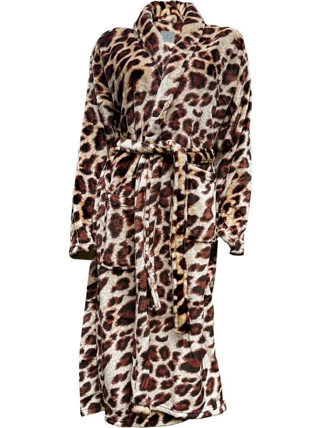 LINNICK Flanel Fleece Badjas Leopard - brown - M - Badjas Dames - Badjas Heren Bruin