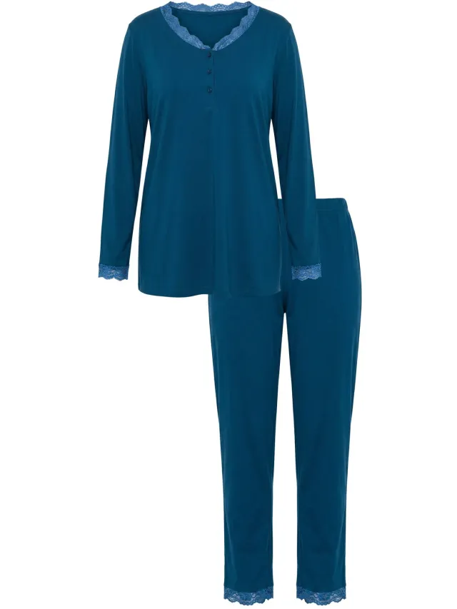 Ulla Popken Dames - Pyjama kant knopen V-hals lange mouwen - Donkerpetrol - Maat 54+