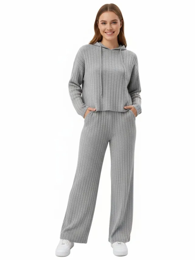 RedParrot Lounge Set Cozy - Chill - Pak - Ribstof - Kleding Set Lang - Dames - Capuchon Grijs