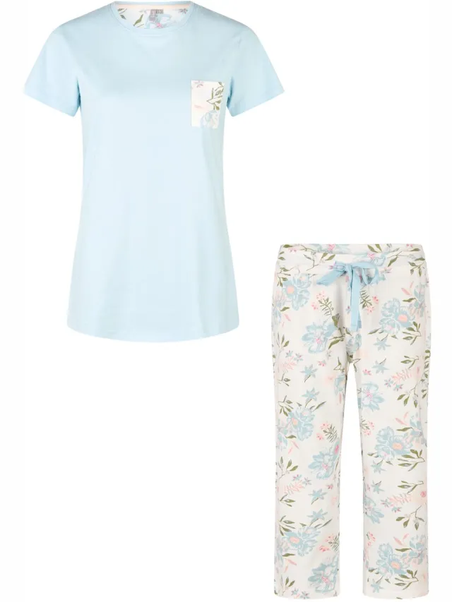 By Louise Dames Capri Pyjama Set Driekwart Blauw/Wit Gebloemd