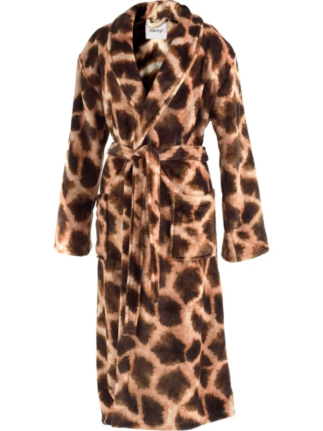 iSleep Badjas - Giraf Print - Zachte Fleece - Lang Model - Bruin