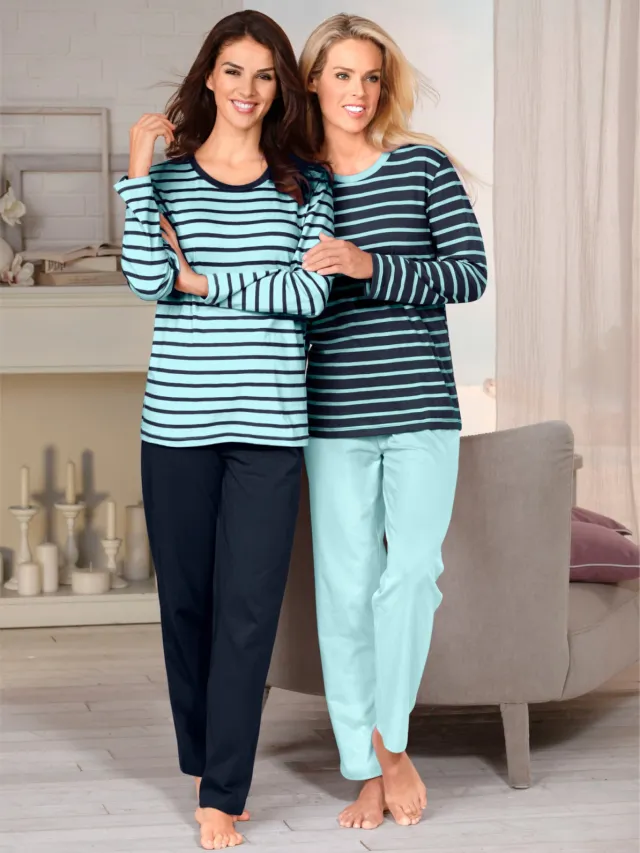 Pyjama's marine gestreept + mint gestreept