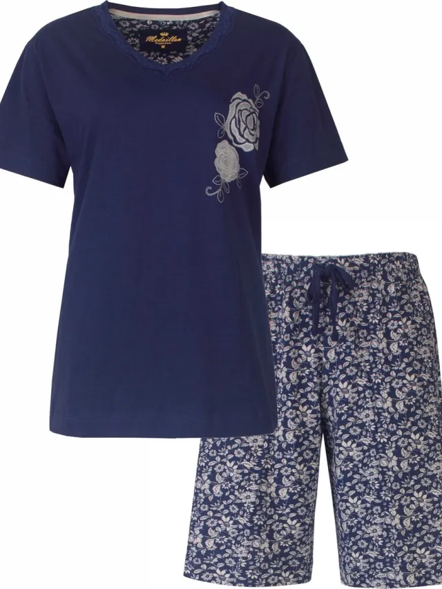 Medaillon Dames Shortama - Pyjama Set - Korte Mouwen - Marine Blauw