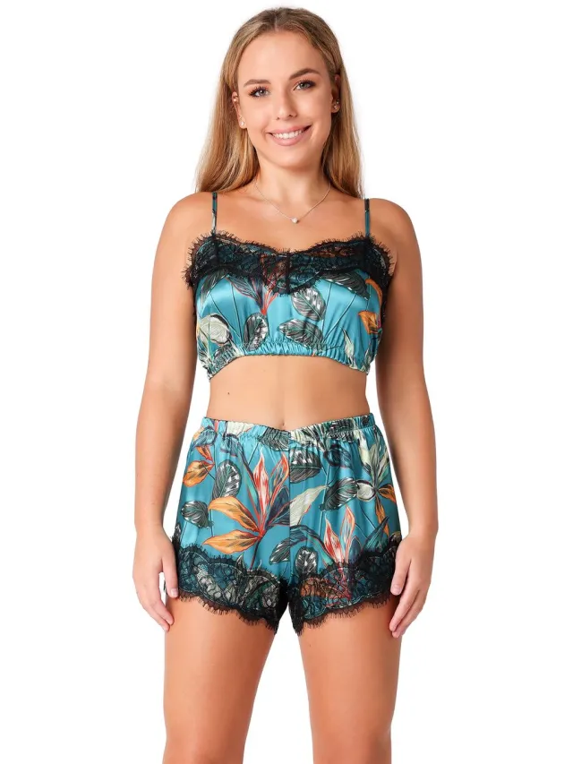 Bellivalini Damespyjama - Tweedelige Top Met – Bandjes - Pyjama in Satijnen – V-hals – Patroon -Emerald Leaves –