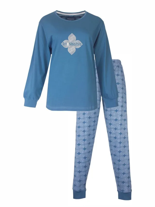 Irresistible Dames Pyjama - Met Boorden - Katoen - Ocean Blue Blauw