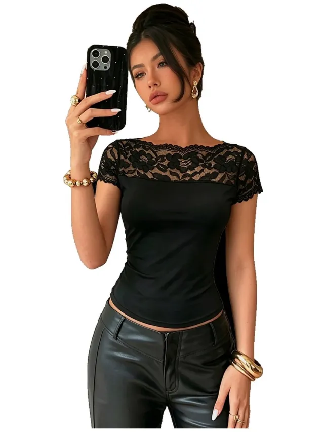 Currero Top Met Kant Dames - Topje - Kleding - Shirt - Blouse - Kort - Volwassen - Zwart