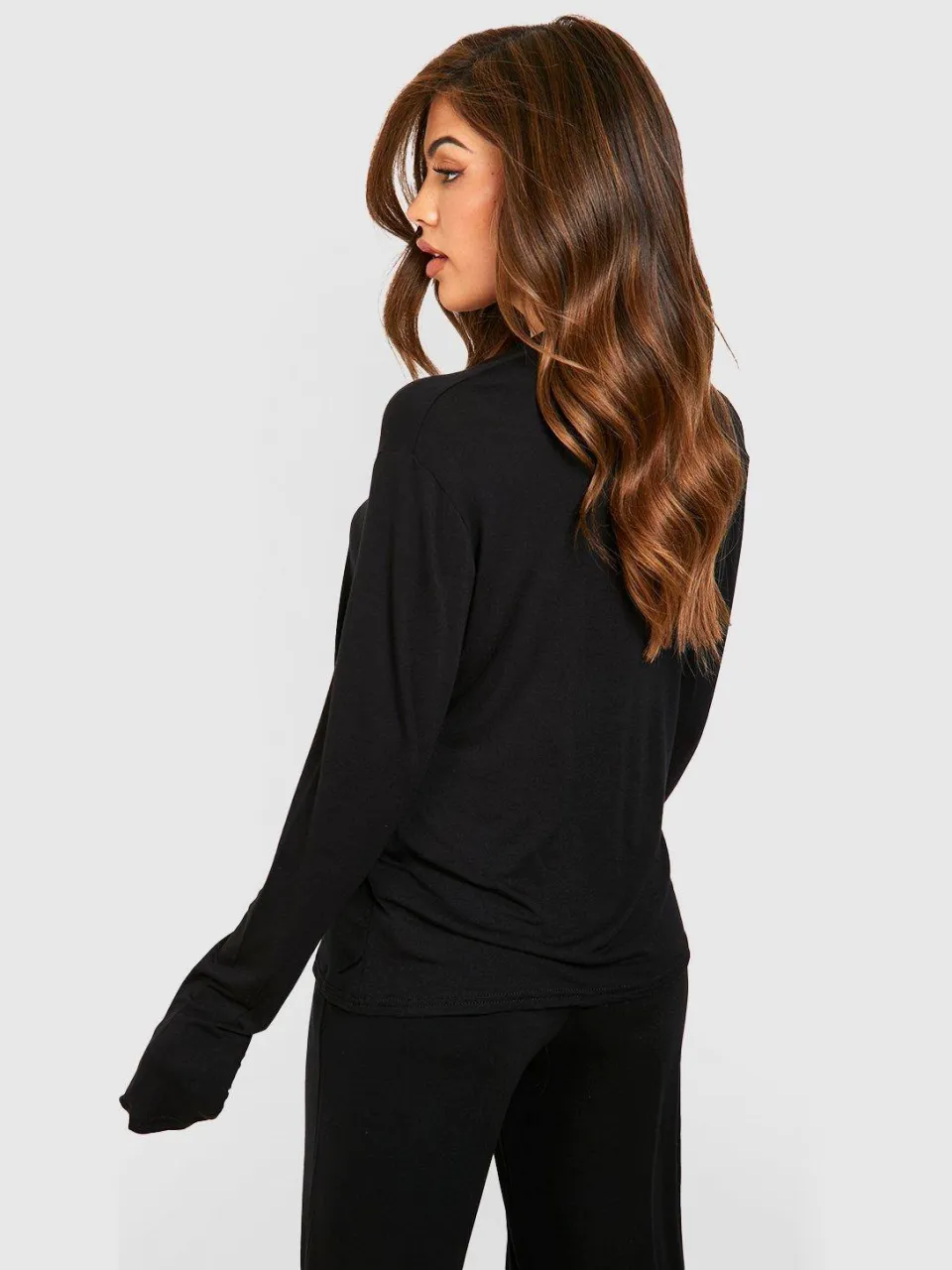 boohoo Dames Jersey met lange mouwen en knoop-overhemd pyjama shirt zwart, foto 3