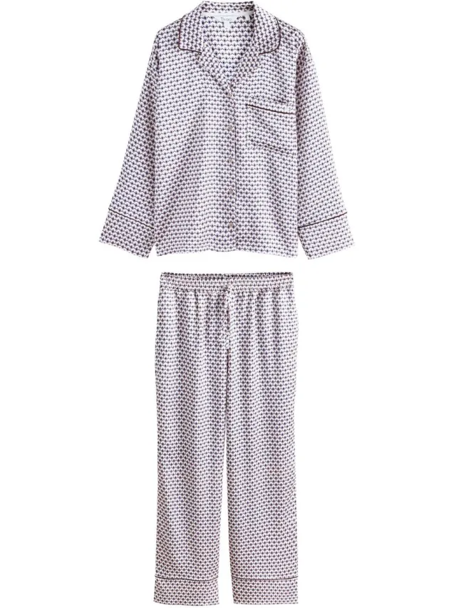 Next Dames - Studio satijnen pyjama met knoopsluiting - Wit Cream Geometric