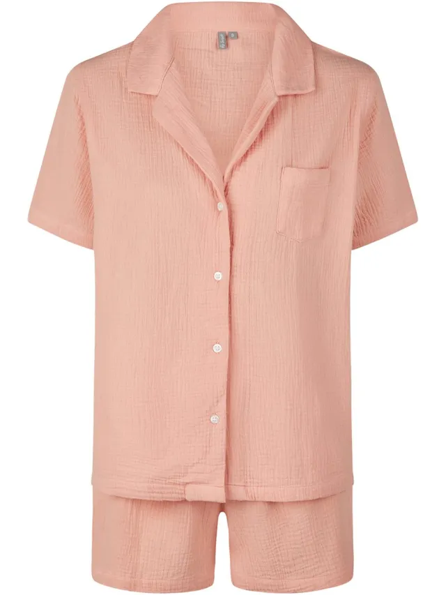 By Louise Dames Korte Pyjama Set Mousseline Shortama Roze