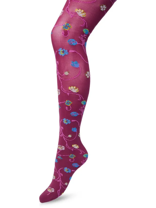 Bonnie Doon Bloemen Panty 80 Denier Roze/Paars Dames - Bloemen Print - Gladde Naden - Maximaal Draagcomfort - Floral Tights - Chique Panty - Feestelijk - Gebloemd - Kleurrijk - Bloemenprint - Crushed Violets - BP221906.192
