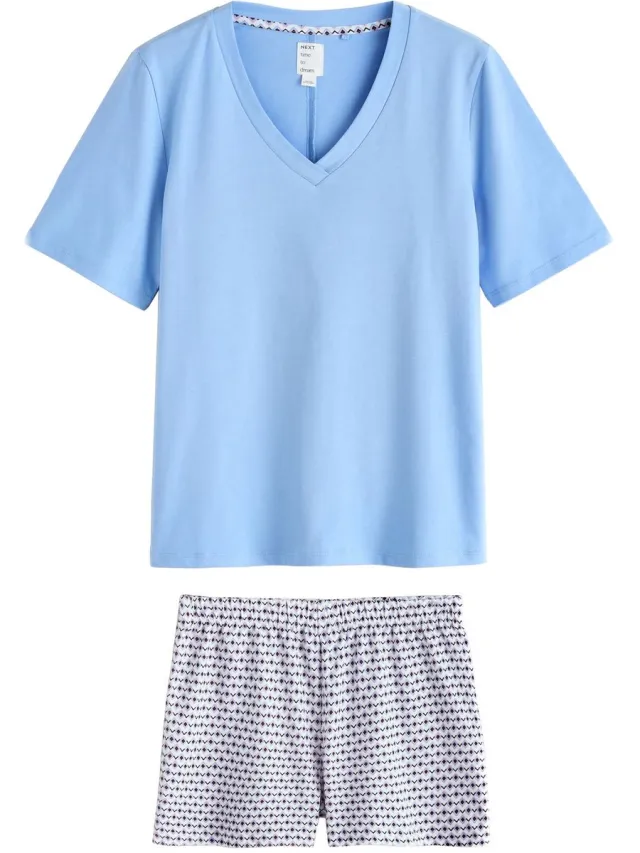 Next Dames - Petite pyjama met short - Petite - Blauw Blue Geo
