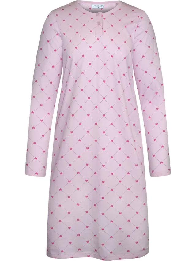 GAUBERT Essential Dames Nachthemd Lange Mouw - Premium Gekamd Katoen - Hartjes - Roze - GB-6823 Lange Mouw, Roze, Hartjes