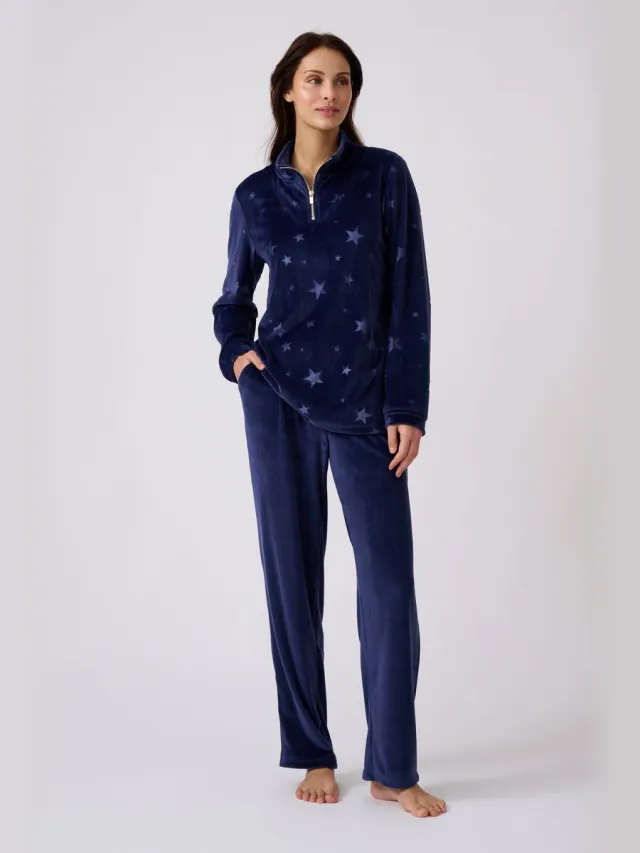 Damart Thermolactyl pyjama van geribd en reliëfvelours - Dames - Blauw - 46-48 (L)
