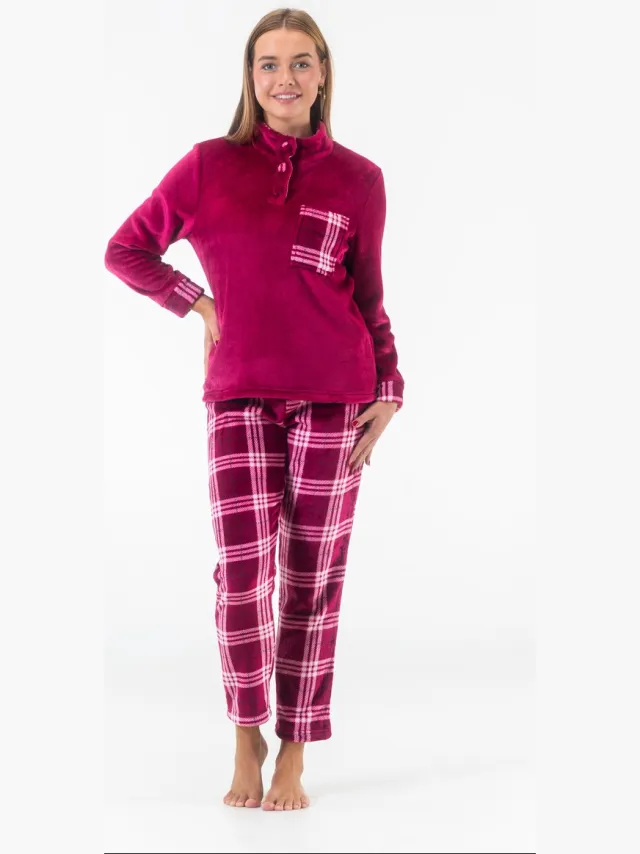 GAUBERT Dames Fleece Huispak en Pyjama - Hoge Kraag met Knopen - Tartan Style - Superzacht Fleece - Fuchsia - 2504 Hoge Kraag, Tartan Style