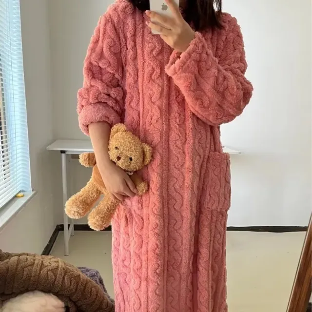 rimmo Warme dikke badjas dames | Koraal fluweel gewatteerd | Plus size winter homewear | Comfortabele gewatteerde pyjama jurk met strepen roze