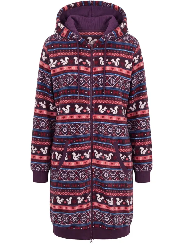 Ulla Popken Dames - Loungewear-badjas pluche Noors patroon lange mouwen - Donkerpruim - Maat 50+