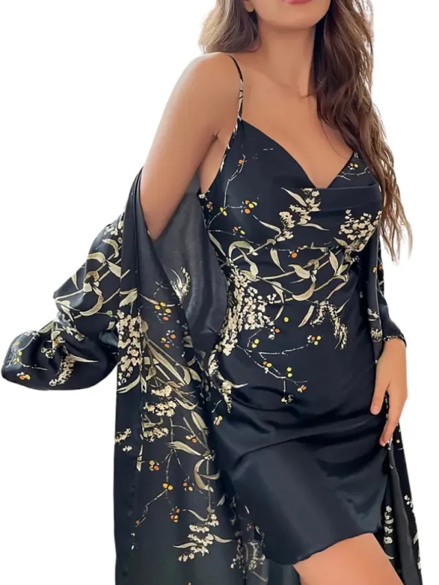 Nivard Satijnen Badjas Dames - Kimono - Kamerjas - Satijn - Ochtendjas - Pyjama - Zwart