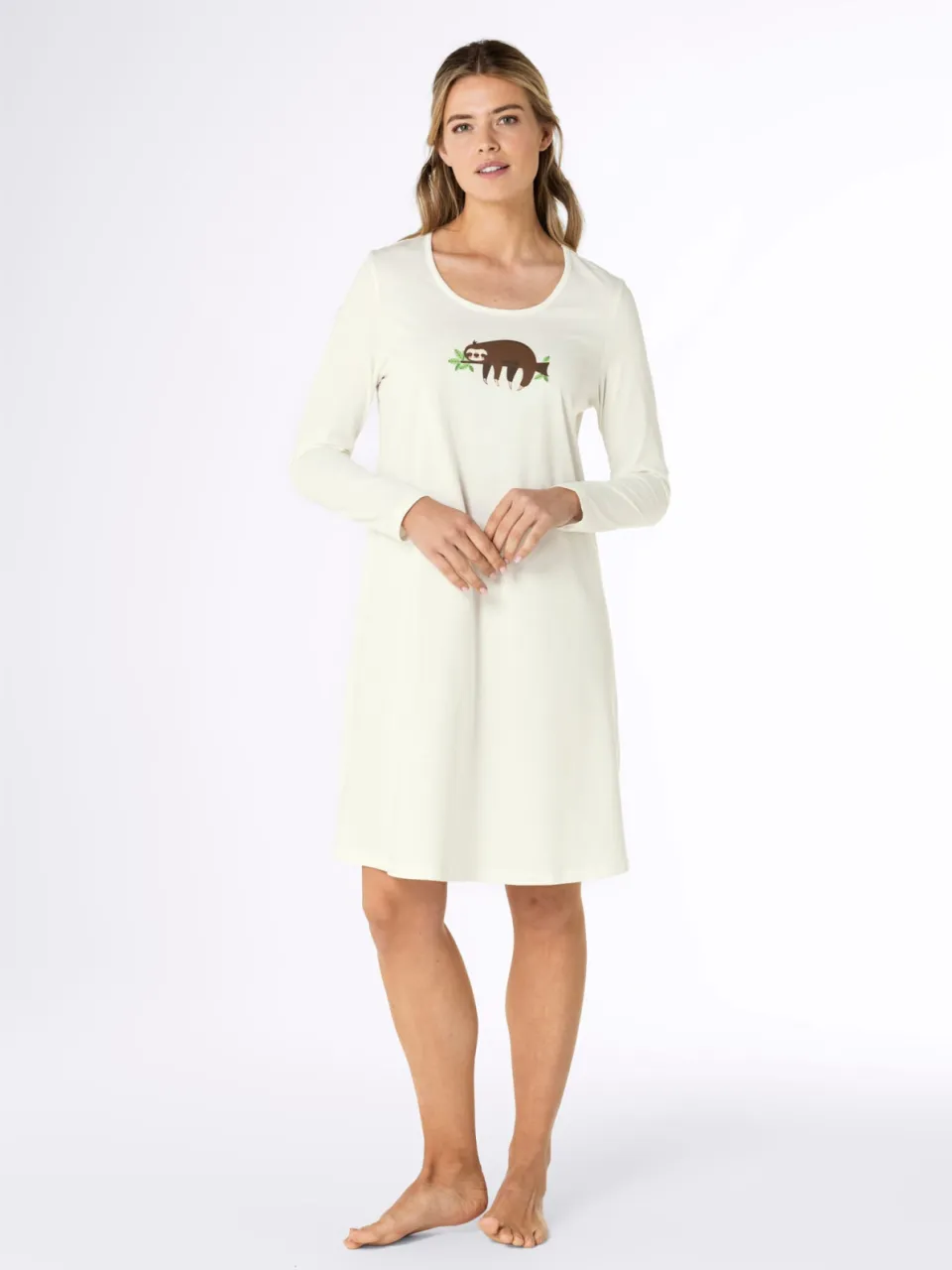 slaapshirt groen met luiaardprint ecru + appelgroen
