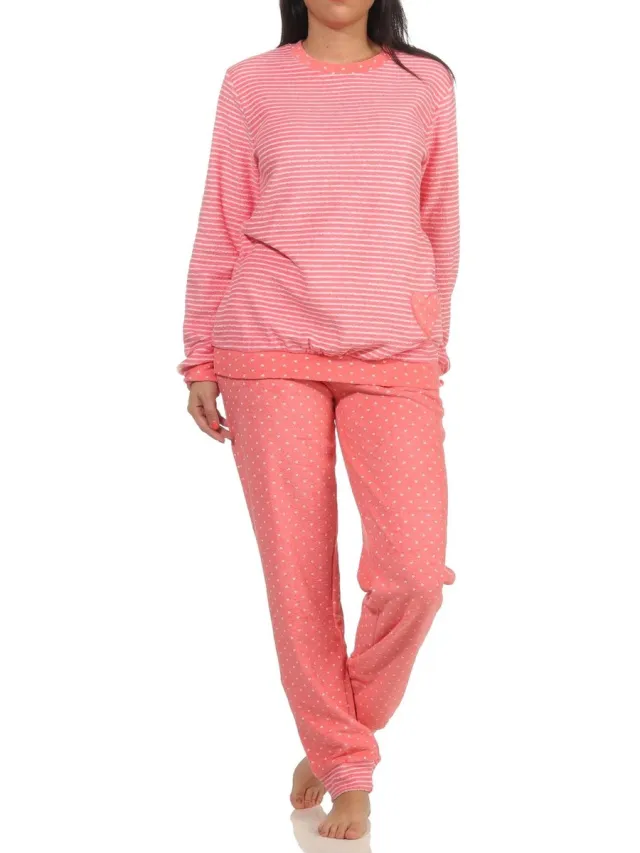 Normann Damesbadstofpyjama met manchetten in hartjesstippen en ringdesign - ook in oversized maten Ringel Lachs