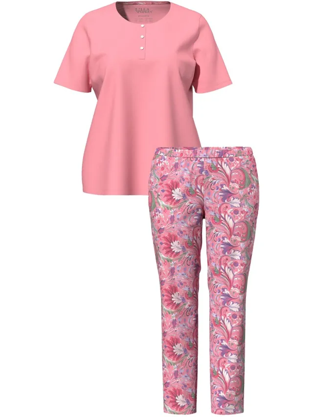 Ulla Popken Dames - Pyjama bloemen ronde hals korte mouwen - Perzik roze - Maat 58+