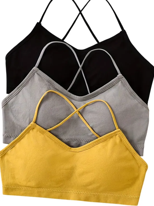 rimmo 3-delige sportbeha set voor dames – ademende yoga bh, fitness bh met kruisbanden, sexy rugdesign, gym crop top & sportkleding - Zwart en Grijs en Geel