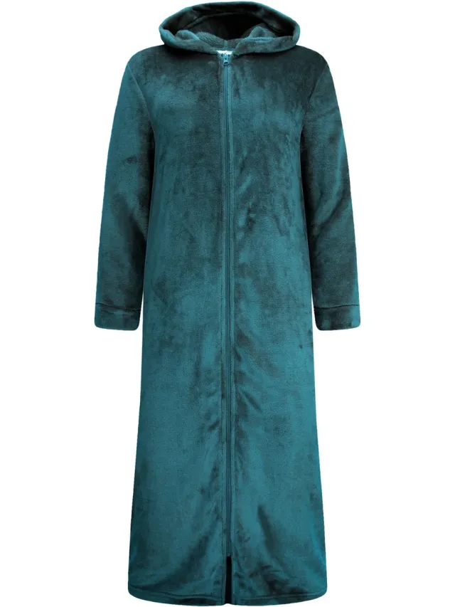 GAUBERT Extra Lange Dames Rits Badjas met Capuchon en Zijzakken - Ochtendjas - Superzacht Coral Fleece - Teal Groen - 8206-Green Rits, Effen, Teal Groen
