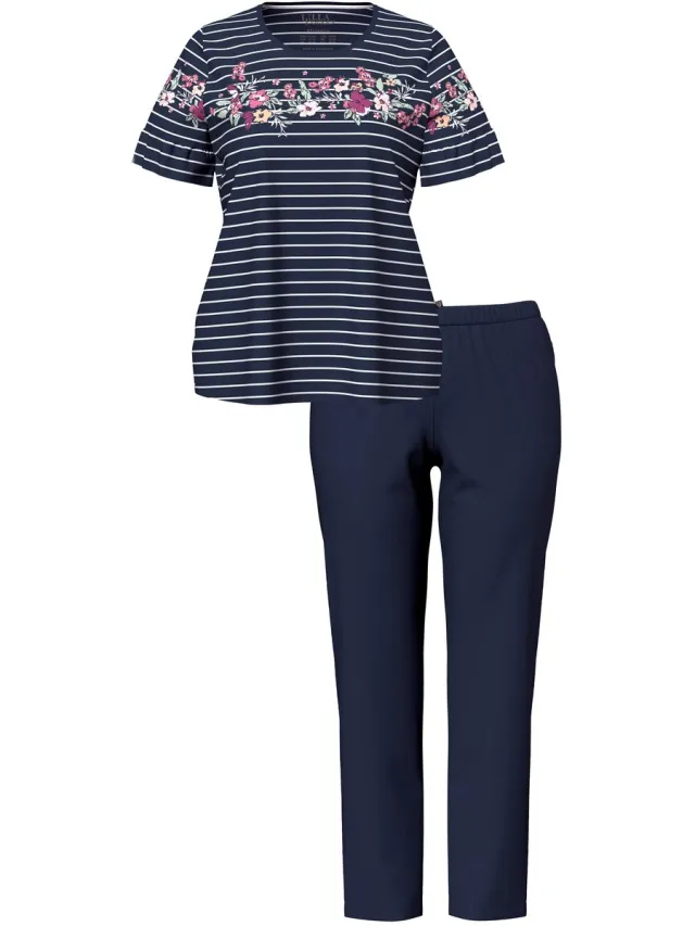 Ulla Popken Dames - Pyjama bloemenstrepen ronde hals korte mouwen met volant - Nachtblauw - Maat 42+