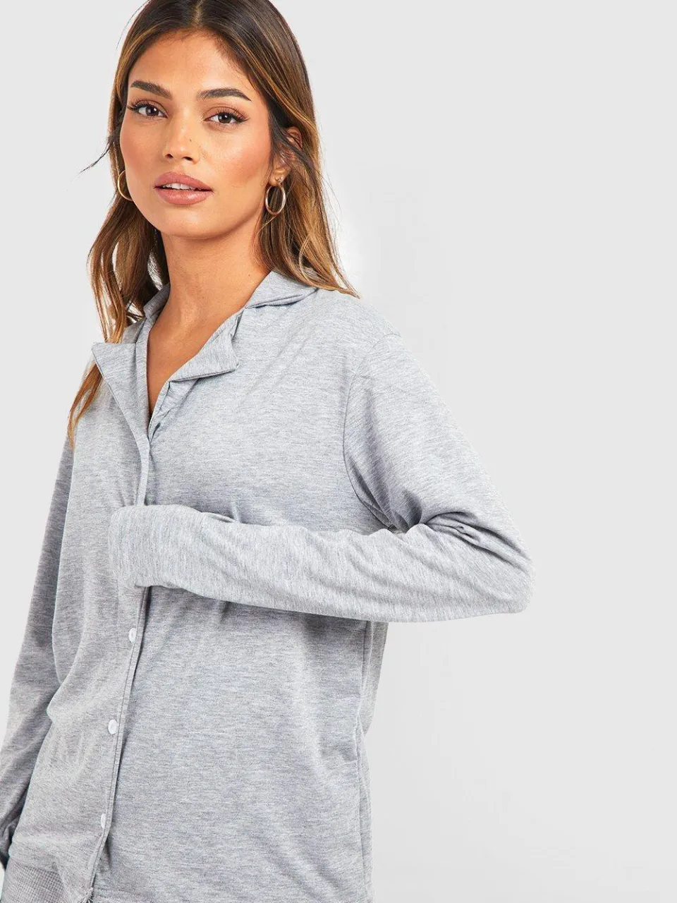 boohoo Dames Jersey Pyjamashirt met Lange Mouwen en Knoopsluiting grijze mergel, foto 4