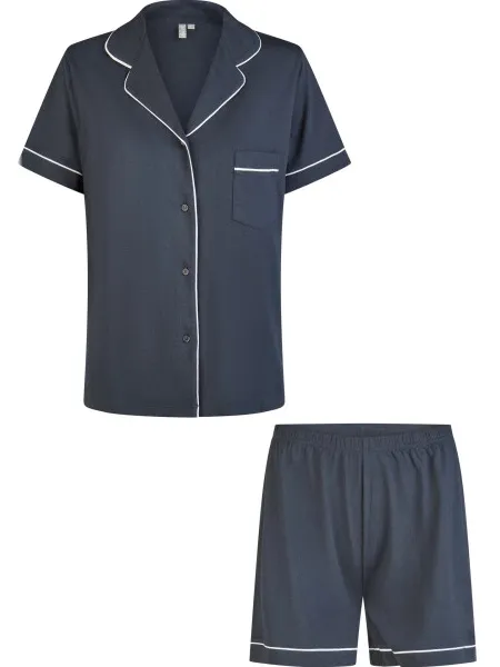By Louise Dames korte pyjama set modal shortama met knoopsluiting donker Blauw