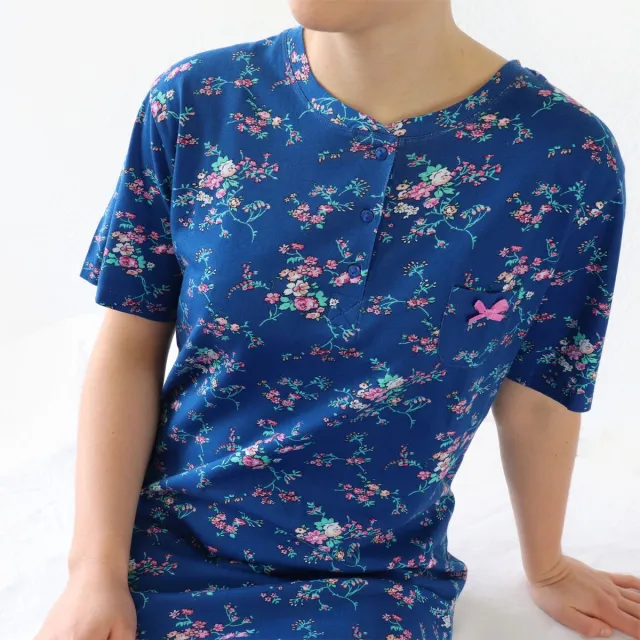 Tenderness Dames Nachthemd - Korte Mouwen - Gebloemd Blauw