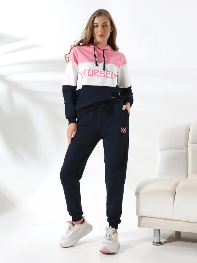 Loxxey Katoen - Yourself - Vrijetijdspak - Joggingpak - Huispak - Home Wear - Hoodie - Trainingspak - Tracksuit - 1 Set (2 Delig) - Dames - Maat L – Candy Pink/ Marineblauw- Nieuw Seizoen!!